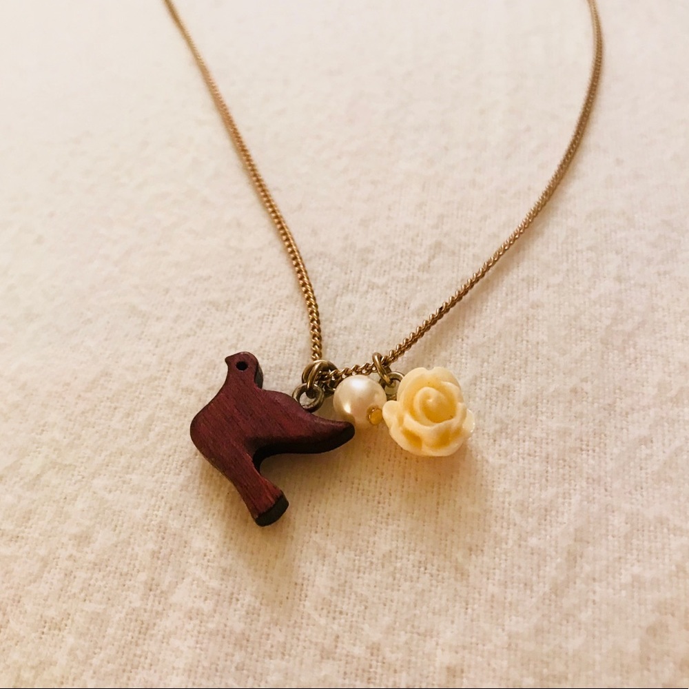 Beautiful Necklace with Wooden Bird, Rose, Pearl